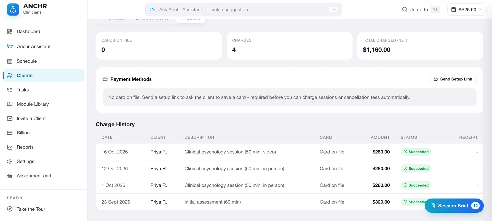 Per-client billing with charge totals, payment methods and session charge history beside the clinical record