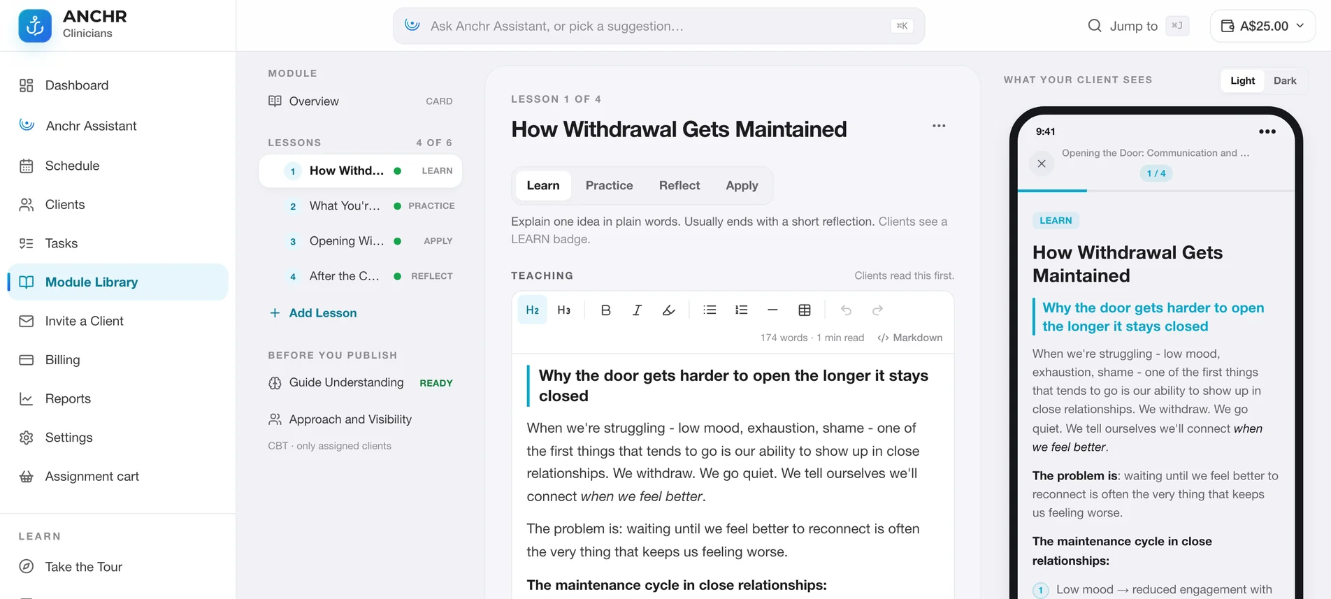 Module Studio with the lesson outline, a formatted lesson editor and a live phone preview of what the client will see