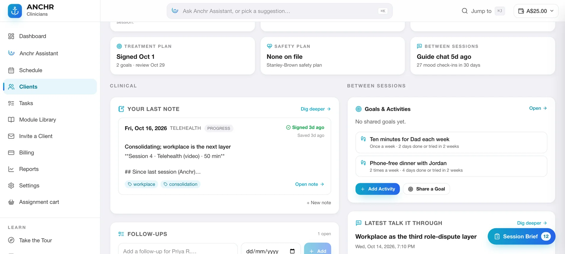 Client record with the treatment plan, safety plan, between-session activity, the last signed note, shared activities and the latest Talk it Through