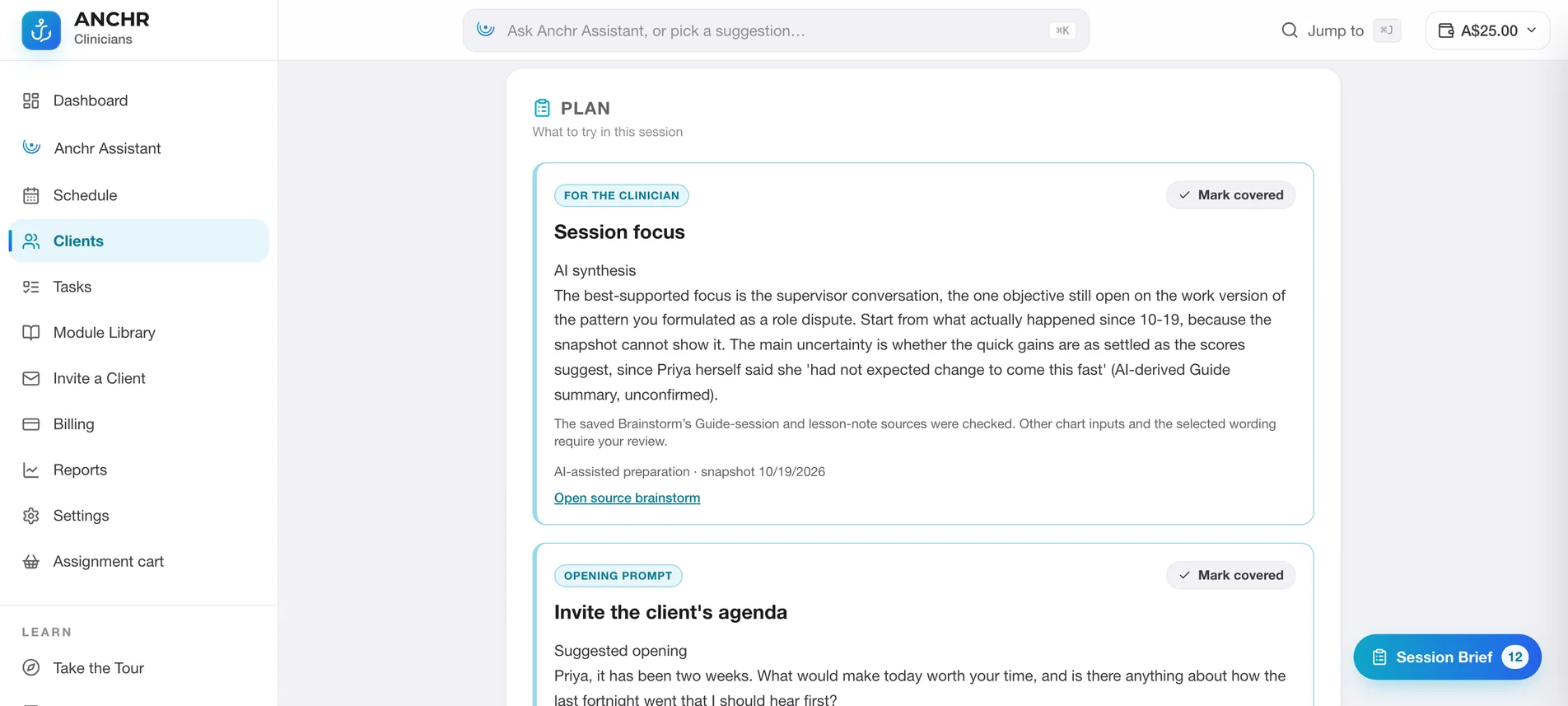 Session Brief with the plan pinned from Brainstorm, starting with the session focus and an opening prompt
